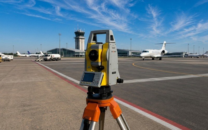 Estação total de topografia em campo